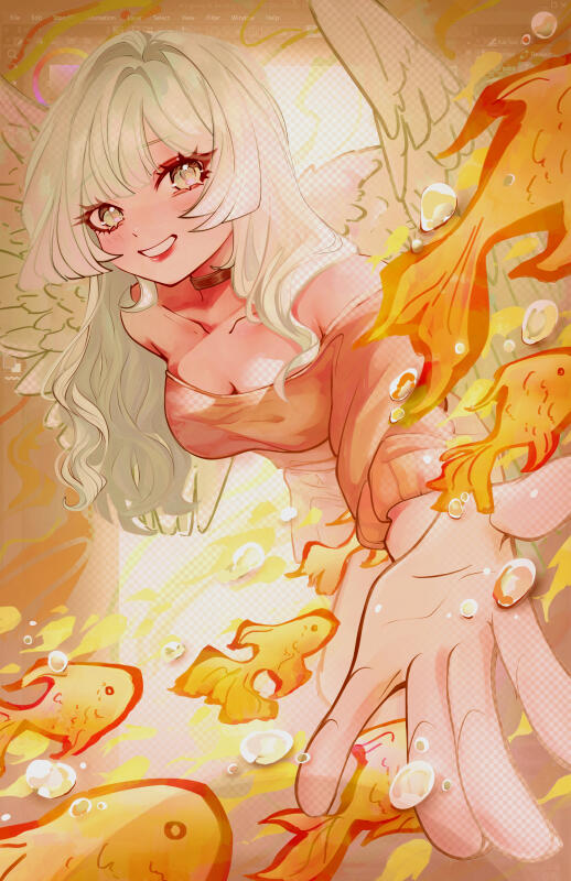 Illustration of a girl reaching out of a drawing program while smiling with fish swirling in the air.