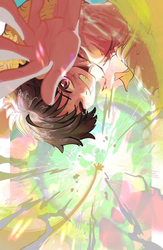 Illustration of Luffy from One Piece smiling and waving while reaching to his ship, the Thousand Sunny.