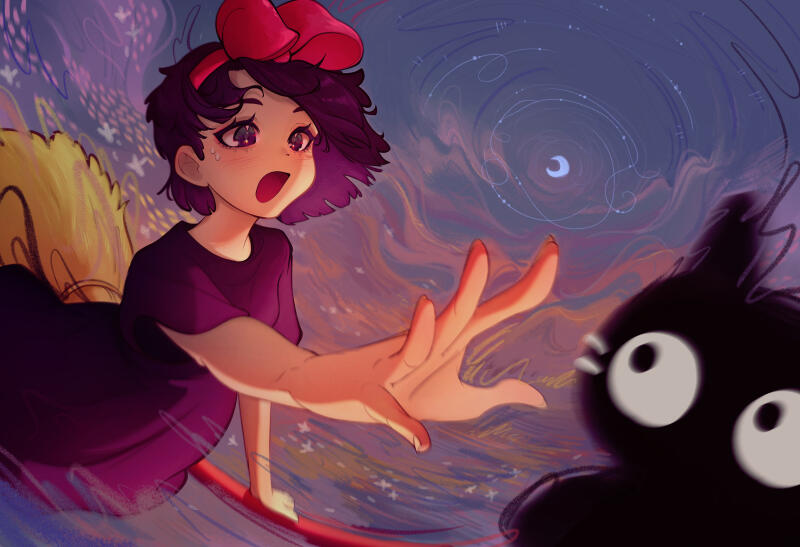 Illustration of Kiki reaching towards Jiji from Kiki's Delivery Service while he's falling in the sky.