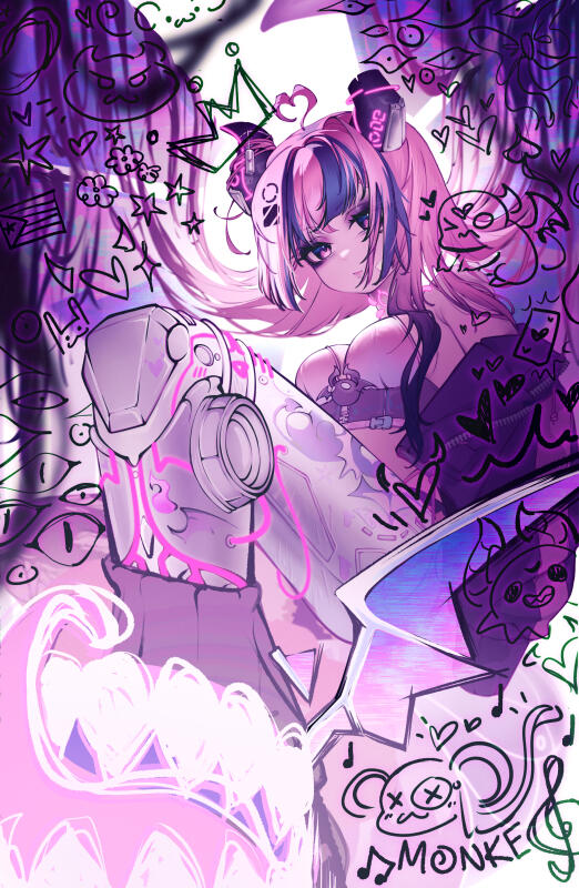 Illustration of VTuber Ironmouse wearing her cybermouse model surrounded by sketchy doodles.
