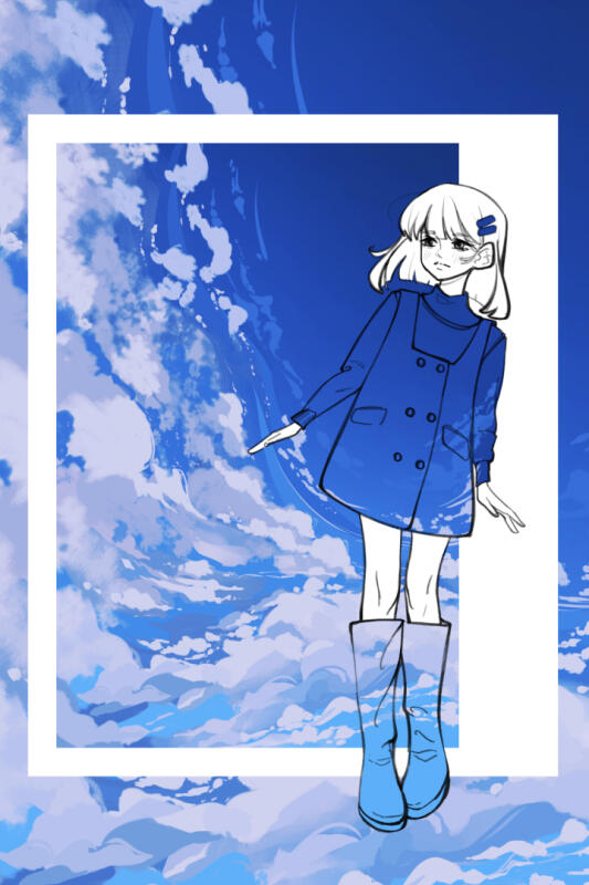 Sketch of a girl wearing a dress gazing to the left. The background is a painting of the blue summer sky.