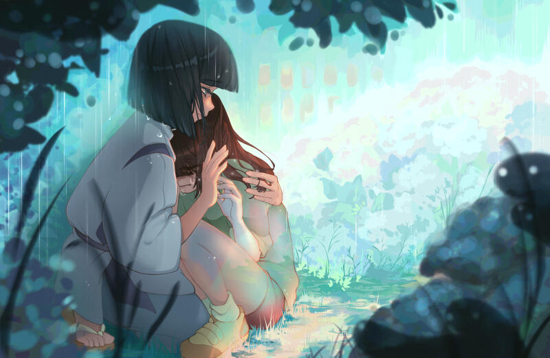 Illustration of Chihiro and Haku from Spirited Away. Chihiro is crying and fading away while Haku is gently holding her while spirits peek around hydrangea bushes in the foreground.