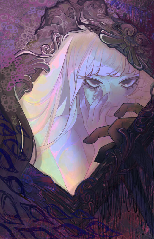 Illustration of a girl reaching into a mirror and holding her face while gazing lifelessly.