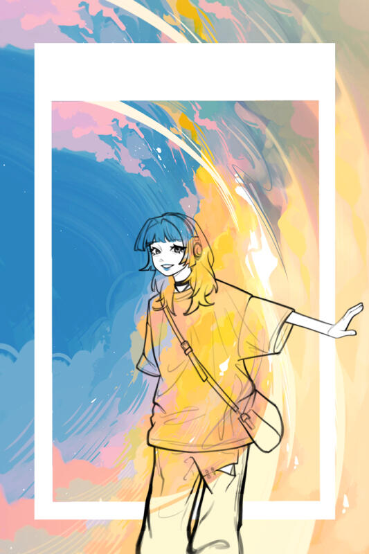 Sketch of a girl wearing headphones smiling and reaching to her right. The background is a painting of the sky with thick yellow clouds.