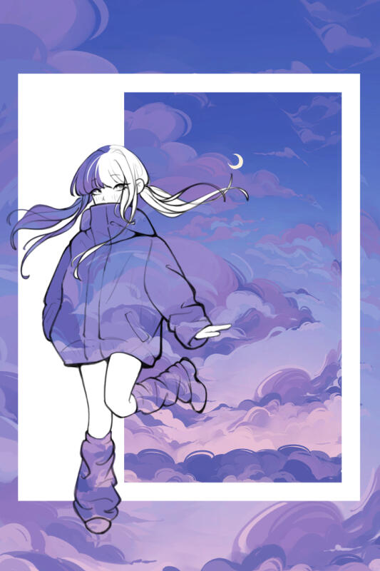 Sketch of a girl with twin pigtails shyly looking to her right. The background is a painting of the sky with purple clouds and a crescent moon.