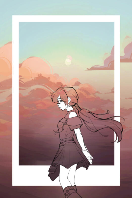 Sketch of a girl wearing a dress looking sad and looking to the left. The background is a painting of the sky with red clouds and a faint moon.
