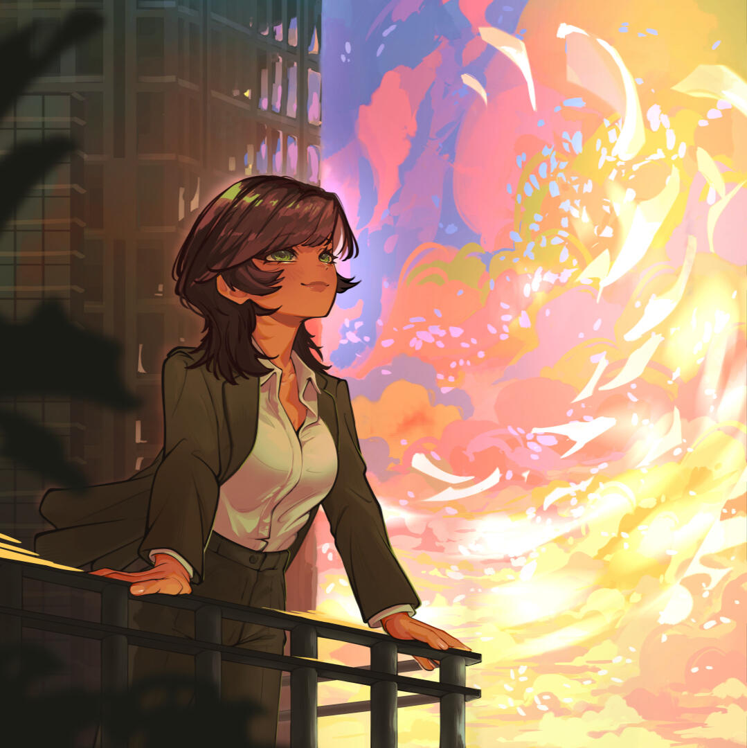 Illustration of a girl wearing a green suit leaning over a railing looking towards the sunset with papers swirling in the air.