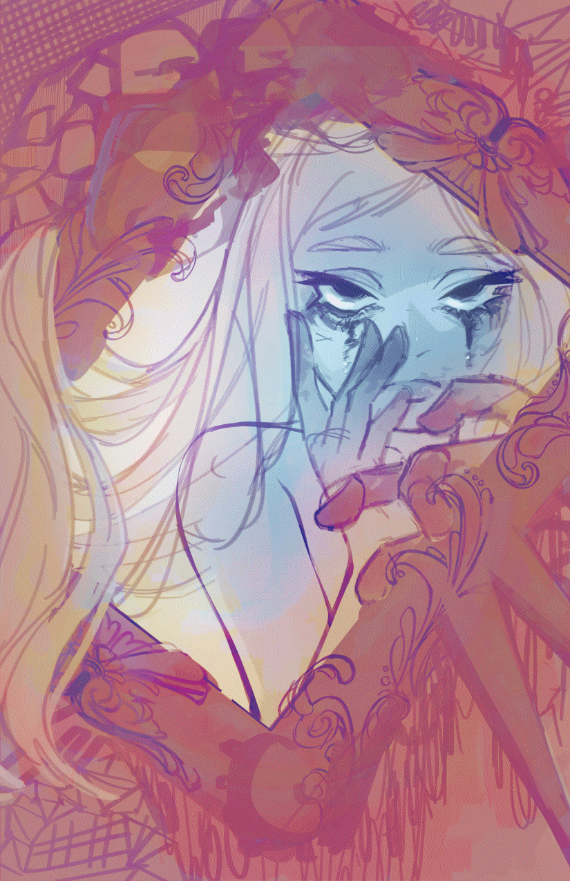 Process Images of "Fool" Illustration Illustration of a girl reaching into a mirror and holding her face while gazing lifelessly.