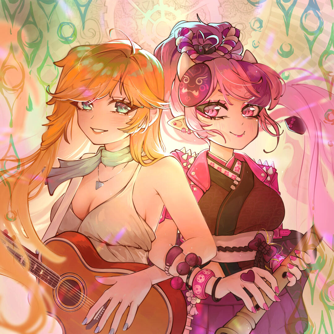 Illustration of two girls holding instruments staring at each other smiling.