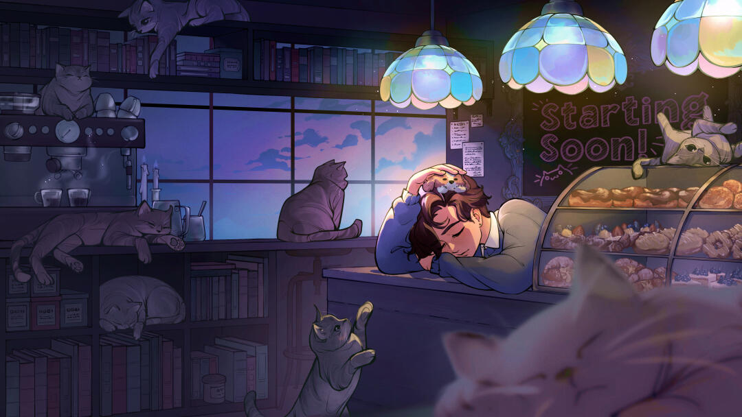 Illustration of a boy sleeping on a cafe counter surrounded by cats.